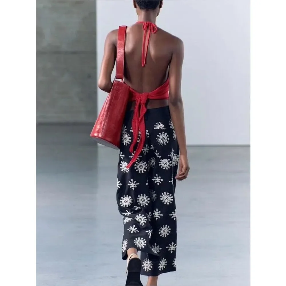 ZARA CONTRAST EMBROIDERED CULOTTES ZW COLLECTION NAVY BLUE